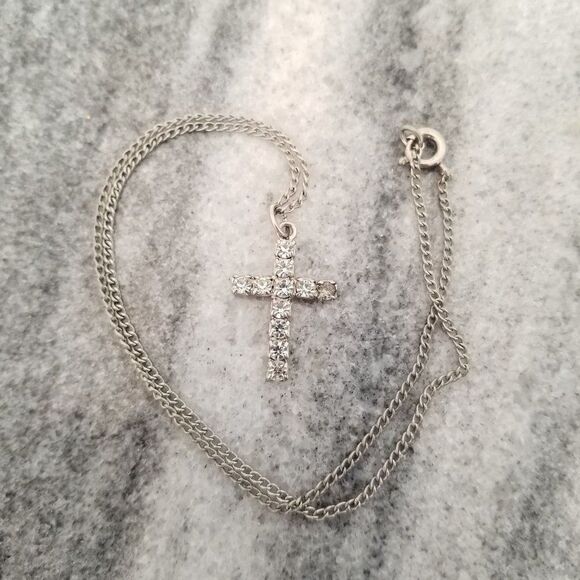 Vintage Rhinestone Cross Pendant Necklace, Silver Tone Chain, Estate - Picture 2 of 5